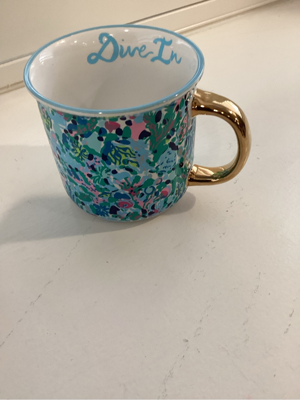 Lilly Pulitzer Teal, Pink & Gold Ceramic Mug with 'Dive In' Script